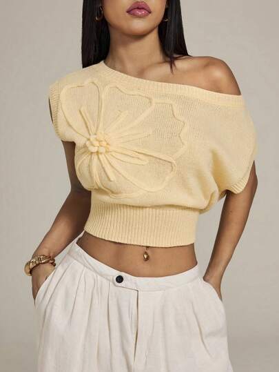 SHEIN PETITE Women's Casual Solid Color Oblique Shoulder Knit Top, Vacation Casual For Women, Summer Holidays, Spring Breaks, Party, Beach, Spring , Valentine's Day,Tropical Vacation, Bohemian Outfits, Ibiza Outfits, Western Style