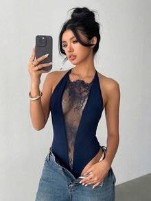 Aloruh 女士藏蓝色优雅夜店连体衣，夏季Y2K蕾丝露背透视无袖拼接针织面料音乐节派对服装，黑色 - 藏蓝色 - 查看 4