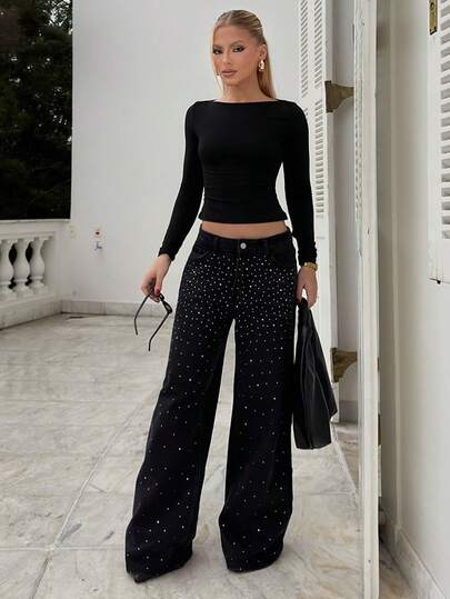 BiaLiraa 女式低腰亮片拼接优雅口袋牛仔裤