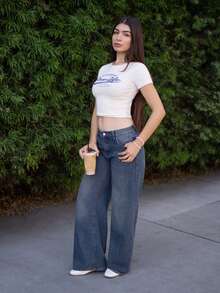 Andrea Bello 女式夏季标语印花短袖T恤，图案T恤 - 米色 - 查看 6