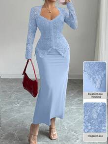 Modelyn Square Neck Lace Patchwork Button Waist Fitted Plus Size Dress For Women Fall - Blue - View 4