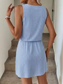 Easowa Blue Faux Mechanical Striped Casual Printed Mini Dress, Suitable For Spring/Summer & Vacation - Multicolor - View 2