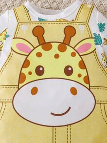 SHEIN Playful Pals 嬰兒新生兒可愛長頸鹿圖案 2合1 柔軟舒適連身衣 中性嬰兒夏季服裝 家庭套裝 棕色與黃色休閒款 - 黃色 - 查看 7