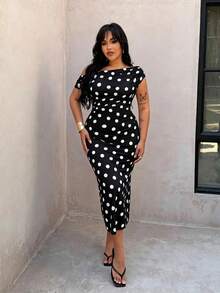 Plus Size Elegant Asymmetrical Shoulder Polka Dot Dress, Spring/Summer - Black and White - View 6