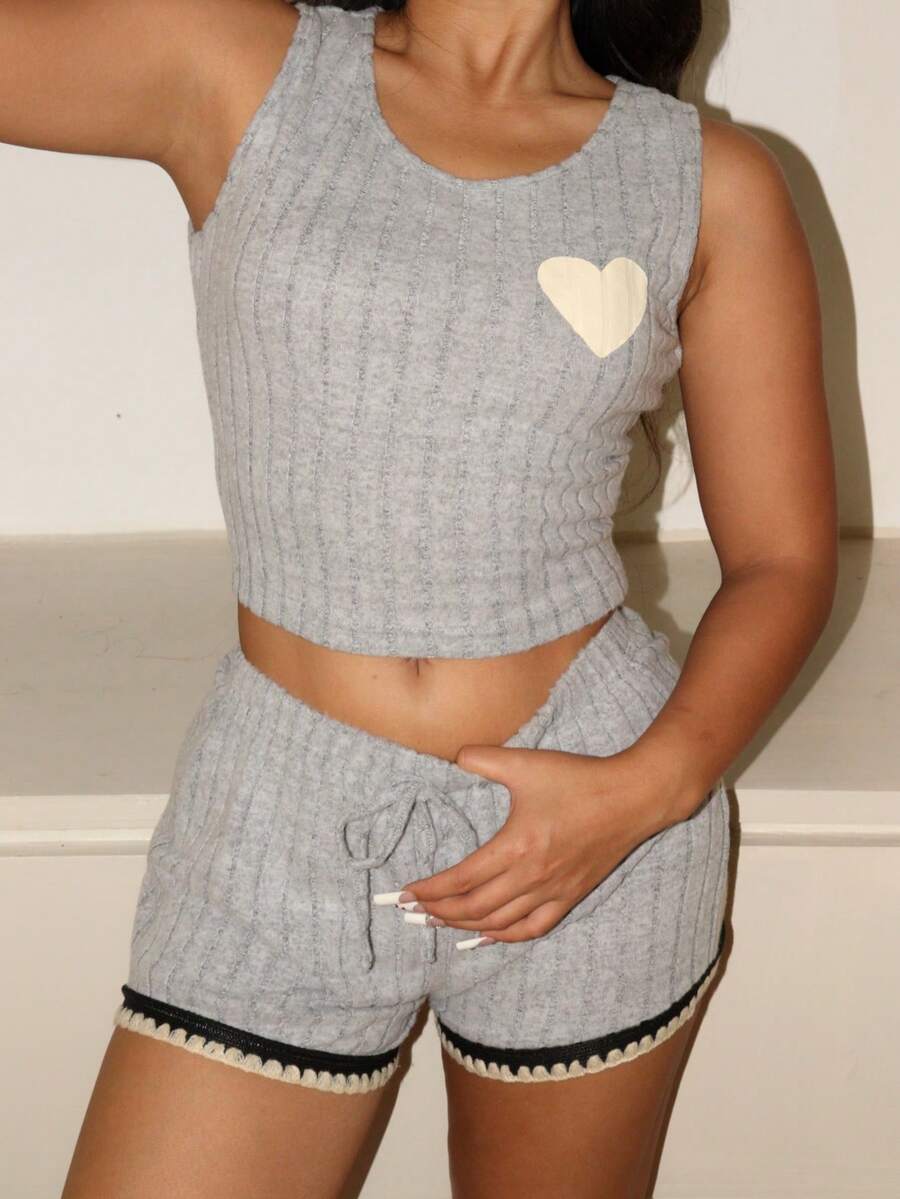 EasyFave Damen Herz-Muster Trägerhemd und Shorts Pyjama Set - Verschiedenfarbig - Übersicht 1