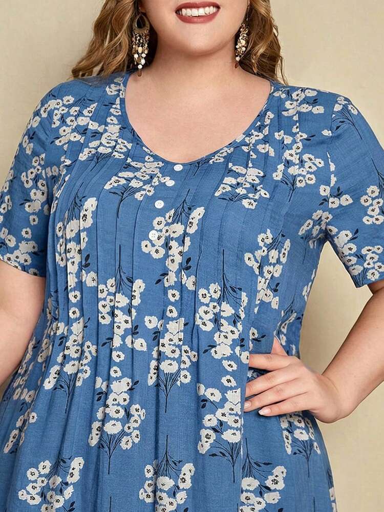 Plus Ditsy Floral Long Summer Dress With Sleeves Half Button Maxi Dress