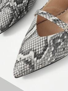 Mnmlis Zapatos planos de mujer con diseño de patrón de serpiente, hebilla de metal, cómodos y de suela blanda para uso diario - Negro - Ver 3