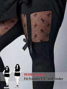 SHEIN PETITE CURVE CURVE Plus Size Women's Petite Black Sheer Mesh Contrast Bow Decor Leggings,High-Waisted Summer Goth Rave Pants For Holiday Vacation - Black - View 6