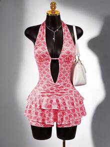 Everyssa 女士全身印花镂空性感时尚荷叶边吊带紧身连体裤，露背针织连体裤，夏季度假 - 粉色 - 查看 1