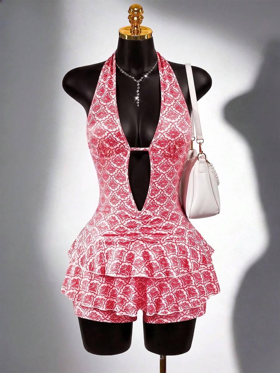 Everyssa 女士全身印花镂空性感时尚荷叶边吊带紧身连体裤，露背针织连体裤，夏季度假 - 粉色 - 查看 1