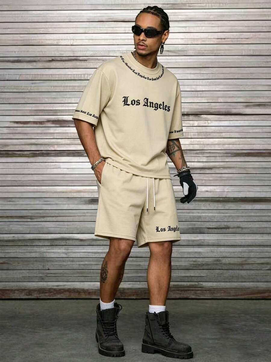 Manfinity Hypemode Bộ đồ thể thao và mặc nhà thường ngày in chữ dành cho nam, gồm 2 món. - Màu Khaki - Xem 1