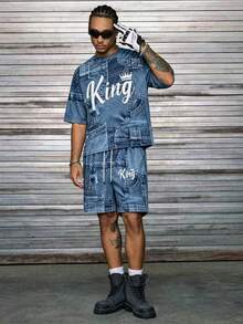 Manfinity Hypemode Bộ đồ thể thao và mặc nhà nam 2 món, hiệu ứng denim, có chữ, kiểu dáng thường ngày, thích hợp cho cả hoạt động thể thao và mặc nhà. - Màu xanh lam - Xem 6