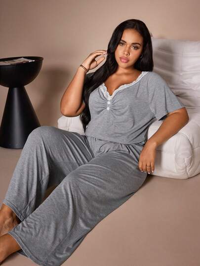 Lazeform Button Decor Pleated Design Minimalist Plus Size Pajama Set