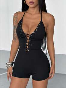 SHEIN HypeZone 黑色女士休闲露背深V领系带连体裤 - 黑色 - 查看 3