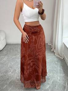 SHEIN Elenzya Chân váy chữ A in họa tiết retro màu hạt điều dành cho nữ, duyên dáng cho kỳ nghỉ, mặc hàng ngày, đi làm thanh lịch, hẹn hò thời trang, phong cách đường phố Pháp, đa năng retro, họa tiết hoa retro màu nâu, chân váy maxi dài mùa xuân/hè mới. - Gỗ đỏ - Xem 6