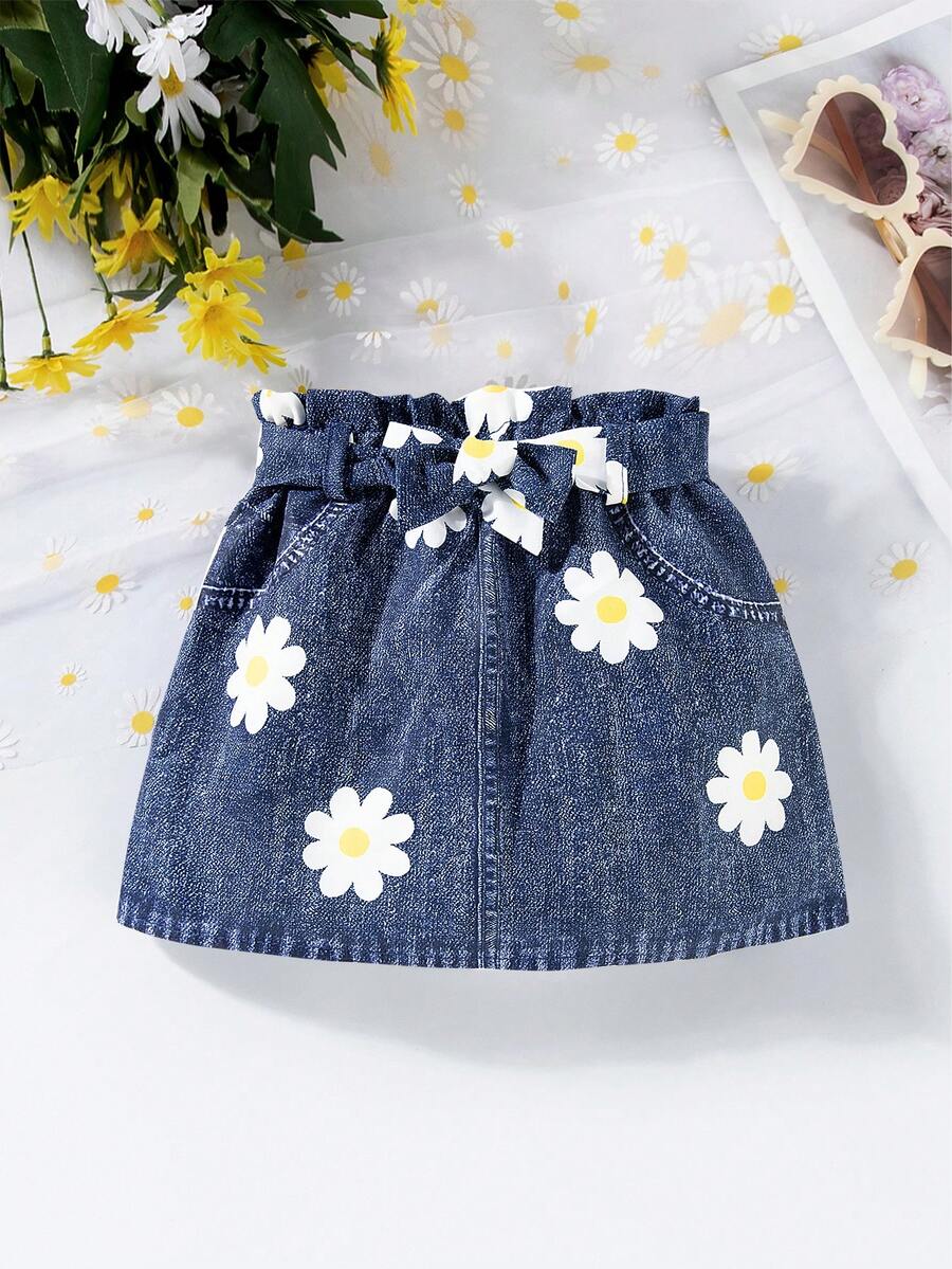 SHEIN Vintaside Kids Baby Girl Floral Print Bottoms With Bow Decoration - Navy Blue - View 1