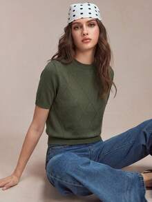 SHEIN BIZwear 新款春夏圆领菱形网眼图案防起球透气真丝混纺针织上衣，可叠穿或单穿，夏季百搭 - 墨綠色 - 查看 8