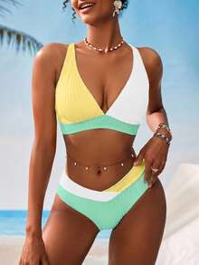 Swim Vcay Women's V-Neck Textured Striped Tankini Swimwear Set - Multicolor - View 3
