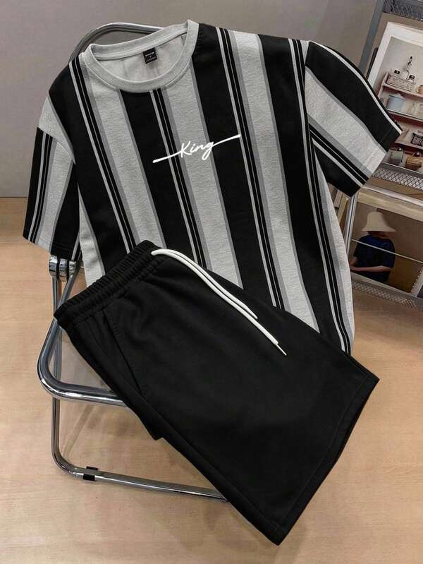 Manfinity Joysei Men's Striped Round Neck Short Sleeve Casual T-Shirt Set, Summer