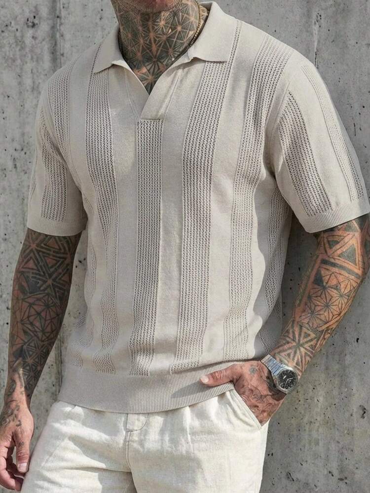 Men's Solid Apricot Polo Collar Knit Top, Summer