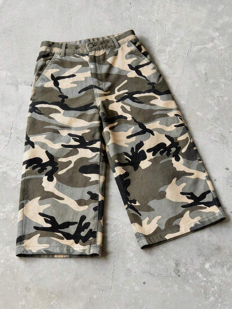 ROMWE MEN Street Life Men's Summer Casual Fashion Street Camo Print Side Pocket Loose Denim Shorts - Multicolor - View 1