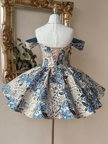 Lovelzi 优雅奢华提花缎面露肩抹胸连衣裙，饰以手工水钻，高腰蓬松A字裙摆，可调节系带，适合约会、单身派对、婚礼、返校、音乐会、下午茶等各种正式场合，女士短款鸡尾酒会礼服 - 藍色 - 查看 3