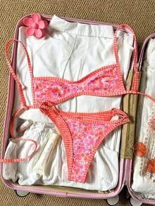 SHEIN Swim Mod 女士沙滩套装，橙色花卉条纹双面印花，可翻转的超迷你比基尼抹胸上衣，时尚休闲度假可爱性感女士泳装套装 - 彩色 - 查看 3