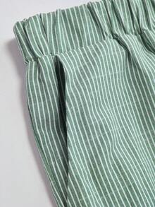Linhara CURVE Quần dài nữ cỡ lớn kẻ sọc bằng vải lanh, kiểu dáng thường ngày thoải mái, thích hợp mặc đi biển, quần lửng kẻ sọc có khuy trang trí, quần dài nữ kẻ sọc có khuy cài, quần casual. - màu xanh lá - Xem 5
