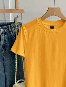 SHEIN BASICS 夏季运动纯色圆领短袖T恤 - 芥末黃 - 查看 5