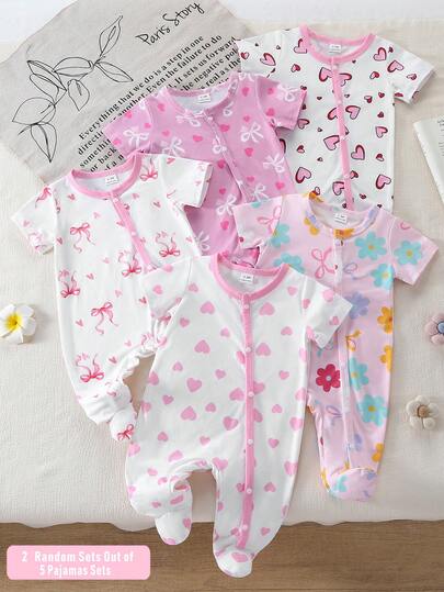 （随机2套，共5套）新生儿柔软舒适连体睡衣，爱心、花朵、蝴蝶结可爱印花，短袖连脚设计，新生儿最佳礼物