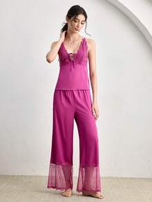 Ocili 2pcs Bohemian Style Lace Trim Camisole & Pants Sleepwear Set, Comfortable Women Pajamas - Hot Pink - View 5