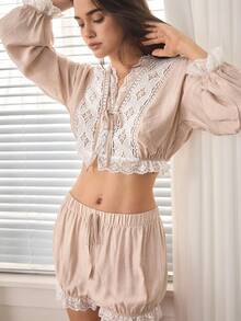 Ocili Bộ đồ ngủ mùa thu thoải mái, sang trọng, kiểu dáng bohemian mềm mại, có dây rút, dành cho nữ. - Màu Khaki - Xem 2