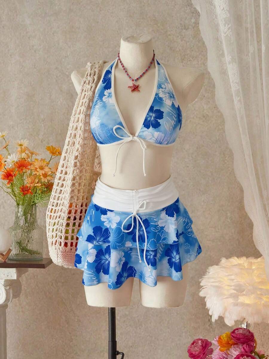 Bellisia Conjunto de 3 piezas de bikini de estilo casual de vacaciones con falda, top halter y patrón de flores para mujer, ideal para playa y festivales de música de verano - Multicolor - Ver 1
