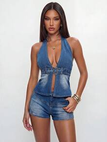 Avantive Top corto de denim con cuello halter y espalda descubierta - Azul lavado medio - Ver 5