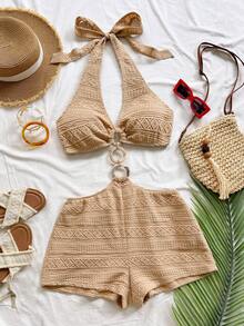 Soleia Backless Halter Jumpsuit For Beach Vacation - Khaki - View 5