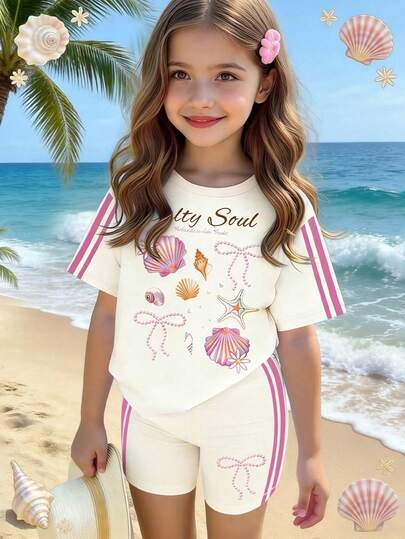 Bộ 2 món gồm áo thun mềm mại in hình và quần thể thao cho bé gái, thời trang cho mùa xuân/hè 2026 và các bữa tiệc.