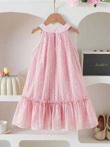 SHEIN Vintaside Kids 女童优雅公主吊带提花刺绣双层荷叶边宽松公主裙，适合度假、旅行、派对、送礼、春秋季穿着 - 粉色 - 查看 3