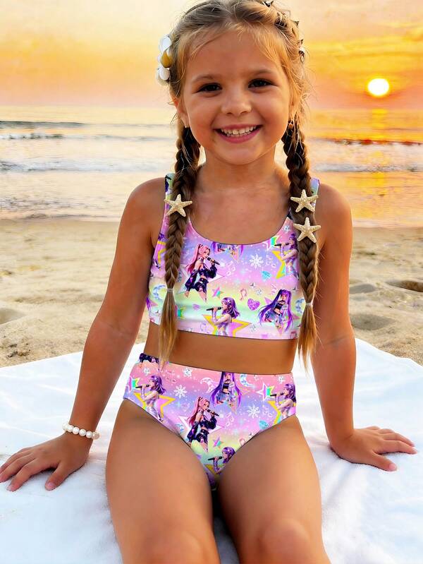 SHEIN Young Girl Cartoon Print Tankini Swimsuit Set, Suitable For Summer Vacation