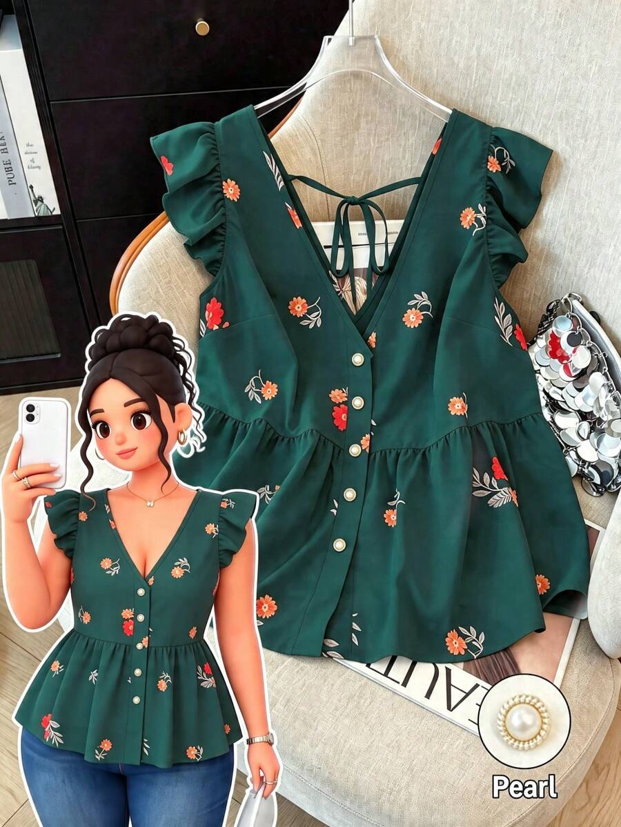 Áo sơ mi voan in hoa cỡ lớn dành cho nữ, kiểu dáng thường ngày, không cài cúc phía trước, phù hợp cho mùa xuân, hè và thu. - Màu xanh lá cây đậm - Xem 1