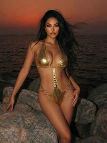 Swim SXY Bộ bikini một mảnh buộc dây cổ kiểu dáng mới năm 2026 với vòng kim loại trang trí, kiểu quần lọt khe gợi cảm, thích hợp cho các bữa tiệc bãi biển mùa hè, đồ bơi một mảnh dành cho nữ. - Vàng - Xem 9