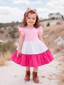 Emery Rose Kids Đầm dệt kim ôm sát, cổ tròn, viền bèo nhún, phối màu tương phản cho bé gái. - Màu Hồng baby - Xem 7
