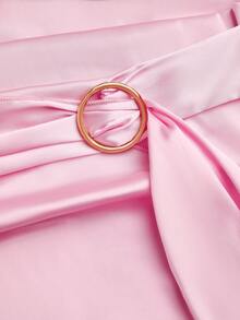 Olithes 女士夏季短袖衬衫，不对称领口，左肩褶皱设计，前腰系带配金属扣，收腰效果，百搭T恤版型，缎面质感面料，侧拉链，风格百搭，优雅商务休闲浪漫风 - 粉色 - 查看 6