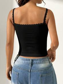 SHEIN EZwear Casual Black Rib-Knit Crop Top For Women With Scallop Trim Spaghetti Strap And Buttons - Black - View 3