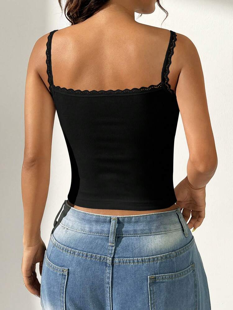 SHEIN EZwear Casual Black Rib-Knit Crop Top For Women With Scallop