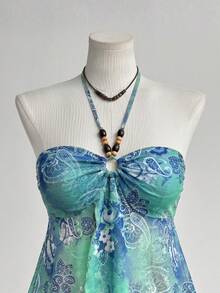 大码女式春夏度假休闲复古网纱印花露背吊带Y2K胸褶装饰珠吊坠女式波西米亚海滩女式吊带背心 - 淺藍色 - 查看 3
