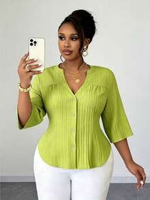 Maweii Áo khoác cardigan nữ cỡ lớn, màu trơn, kiểu dáng tối giản, cổ chữ V, tay lửng, thanh lịch, thích hợp mặc đi làm, mùa xuân/thu. - màu xanh lá - Xem 4