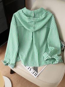 Resyla New Arrival Loose Fit Blue Striped Hooded Plus Size Sun Protection Shirt - Olive Green - View 2