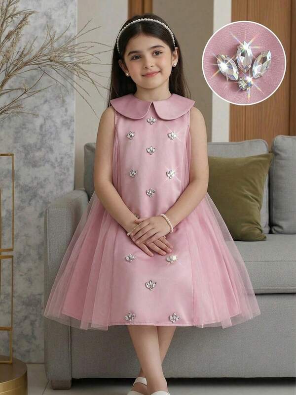 Young Girl Cute & Elegant Satin Pink Peter Pan Collar Dress ساتين بناتي لعيد فساتين عيد فستان دانتيل