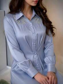 Al Najma New Elegant Ruched Waist Handmade 3D Floral Ruched Cinched Waist Versatile Formal Shirt Dress - Blue - View 6