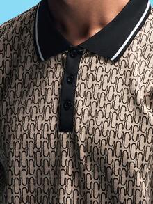 NobleFwd 男士满版印花撞色条纹拼色 Polo 衫 男士几何印花 Polo 衫 男士图案 Polo 衫 男士时尚 Polo 衫 男士 Polo 衫 男士高尔夫衬衫，复古风 - 卡其色 - 查看 4